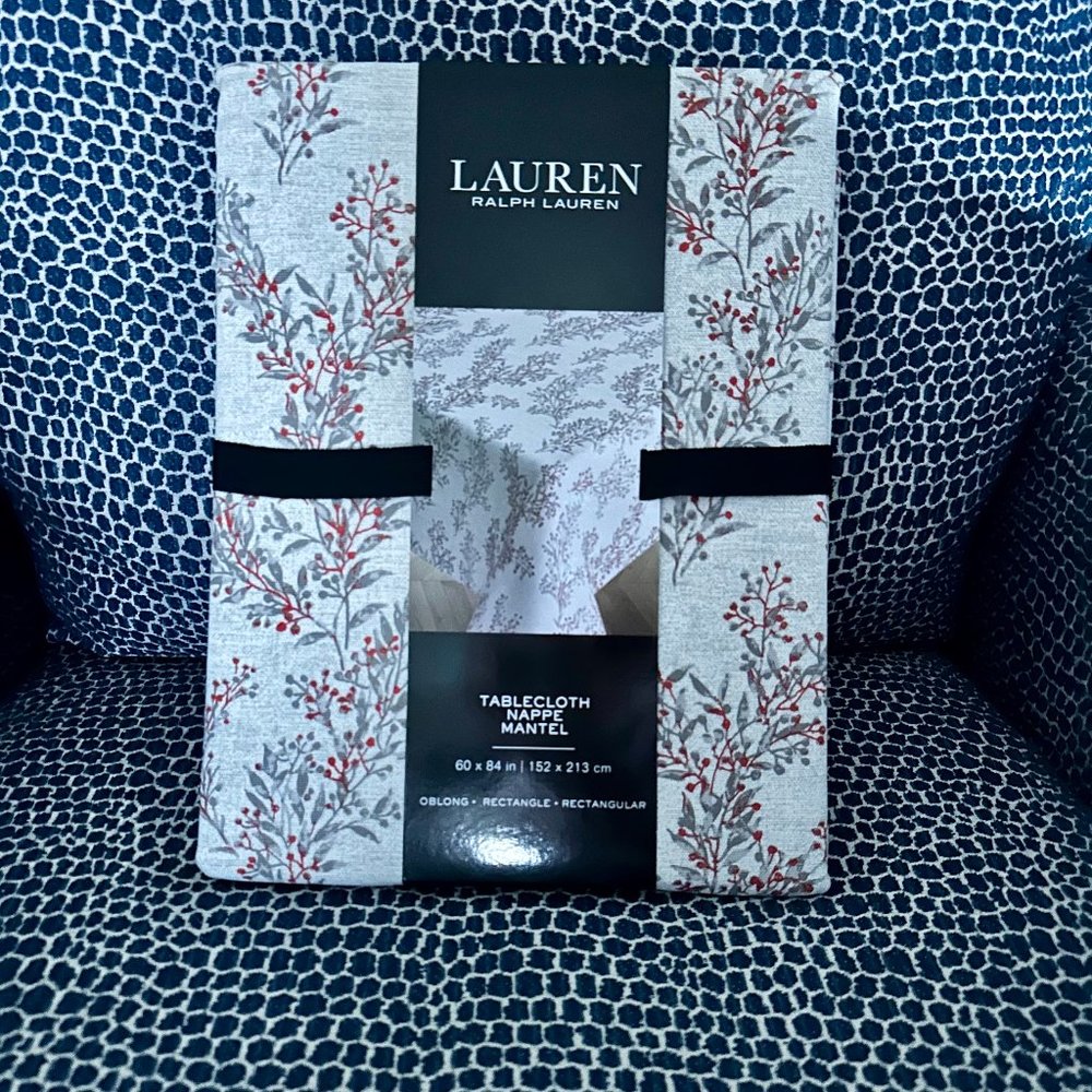 Lauren Ralph Lauren Christmas Tablecloth | Silver Leaf with Red Berries| 60 x 84